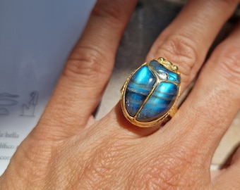 KHEPRI Labradorite inlayed ring, carved gem scarab, beetle jewelry, Egyptian scarab jewelry, egyptian revival, gemstone scarab, boho, egypt