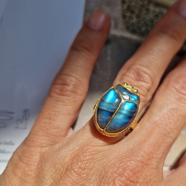 KHEPRI Labradorite inlay ring, carved gem scarab, beetle jewelry, Egyptian scarab jewelry, egyptian revival, gemstone scarab, boho, egypt