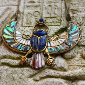 PECTORAL OF TUTANKHAMON, Inlayed Egyptian scarab necklace, winged scarab, beatle, abalone shell inlay, Egyptian jewelry, ancient, goddess