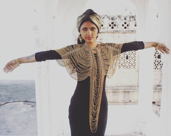 ABUK Golden Body jewelry, beaded shoulder necklace, chain body jewelry, Dinka art, Tribal Bellydance jewelry, Ethnic african, gift, corset