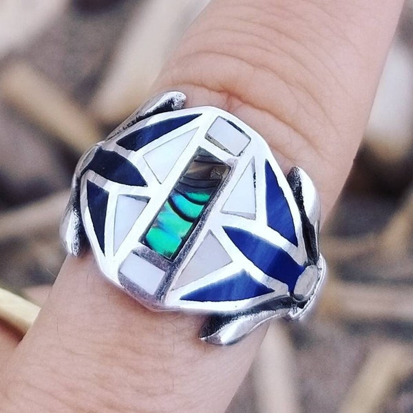 LILY of the NILE silver ring, egyptian abalone shell inlay, egyptian blue lotus, inlayed ring, handmade, enameled egyptian revival boho