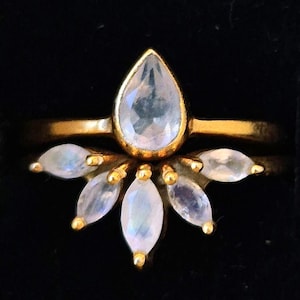 Delicate Moonstone Stacking Ring Set, Tear Drop Solitaire and V-Band Cluster, Gold Fill Celestial Jewelry, Alternative Engagement Ring
