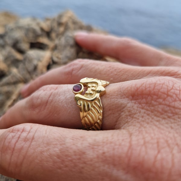 double phoenix bird egyptian ring, pink tourmaline Ring, 24K gold plated jewelry, egyptian revival, ethnic jewelry, handmade ring gift boho