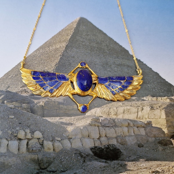 TUTANKHAMUN beatle Revival necklace, lapislazuli inlayed winged Egyptian scarab, ancient jewelry, Khepri Scarab, art nouveau, priestess gift