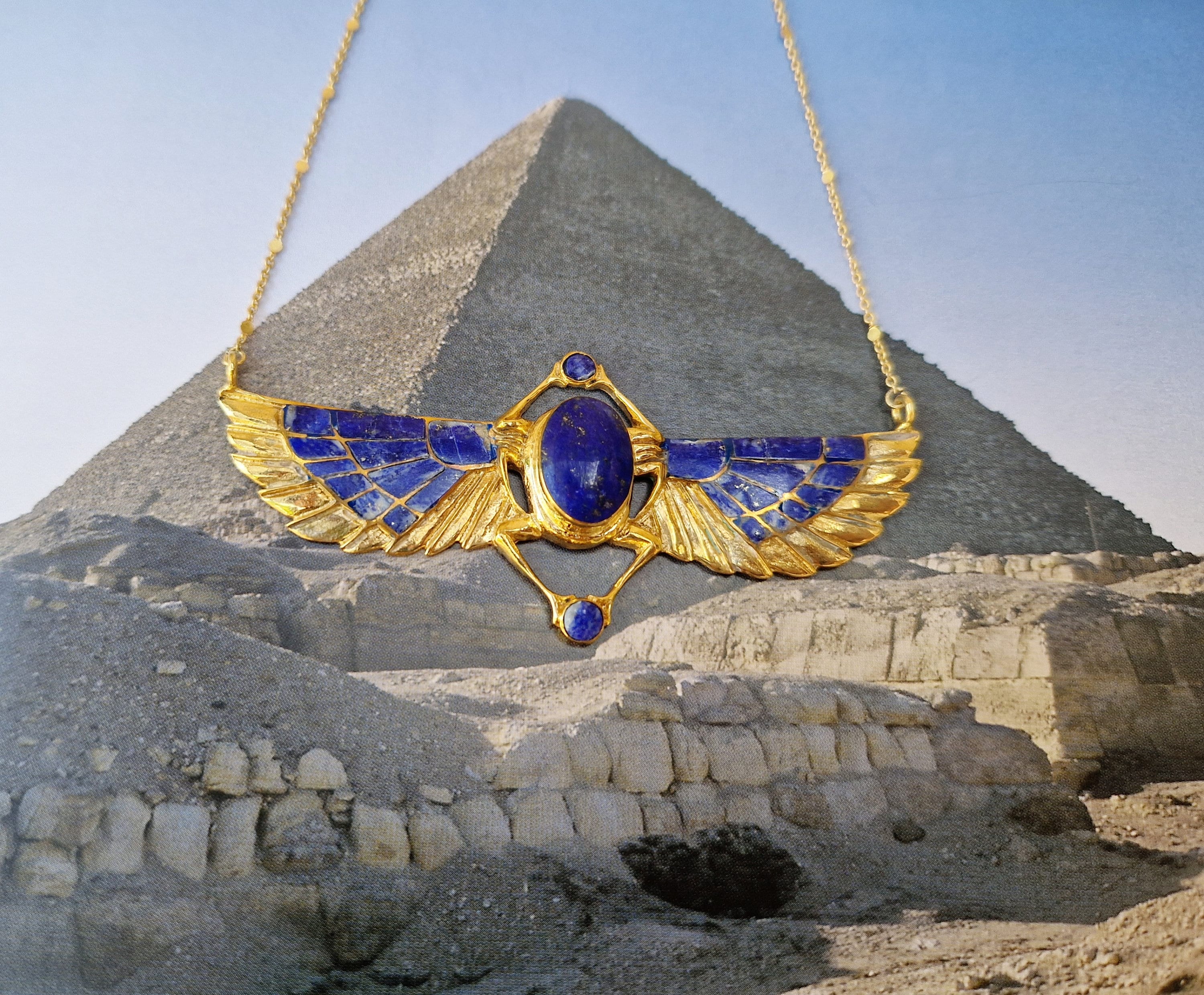 TUTANKHAMUN beatle Revival necklace, lapislazuli inlayed winged Egyptian scarab, ancient jewelry, Khepri Scarab, art nouveau, priestess gift