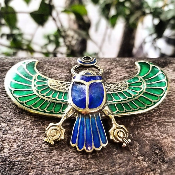 Egyptian Scarab Pectoral Brooch With Lapis Lazuli - Antique Gold Plated Pewter Jewelry - View #2