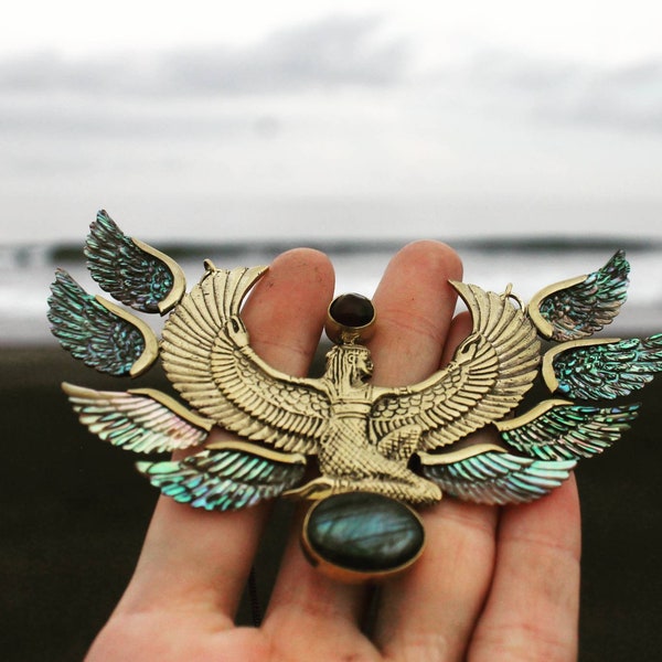 ANGELIC ISIS Goddess necklace, hand-carved abalone wings, labradorite, mystic jewelry, Egyptian jewelry, ancient futuristic, visionary, gift