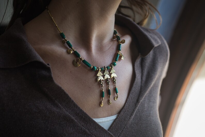 handmade beaded Necklace ethnic boho, gift for women gemstones gemstone jewelry SHIRIN MALACHITE ethnic necklace tribal choker