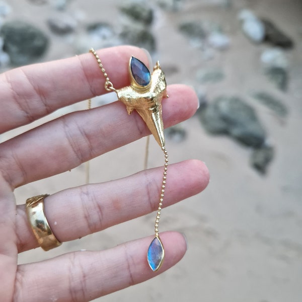 SHARK THOOTH lariat necklace, 24k gold plated, sea jewelry, nature jewelry, mermaid earrings, labradorite, gift, fossil, cast, boho