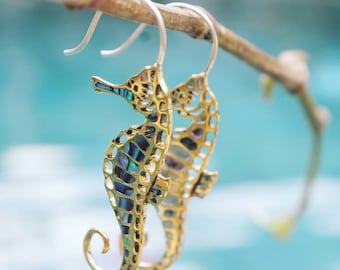 Sea horse earrings, abalone shell Earrings, abalone inlay jewelry, sea jewelry, mermaid jewelry, rainbow, jewelry, boho gift