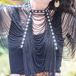 ABUK long black Body jewelry , beaded shoulder necklace, chain body jewelry, Dinka art, Tribal Beaded top jewelry, Ethnic african, corset