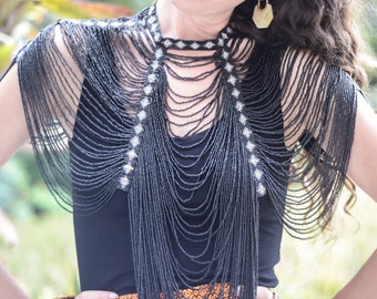 ABUK long black Body jewelry , beaded shoulder necklace, chain body jewelry, Dinka art, Tribal Beaded top jewelry, Ethnic african, corset