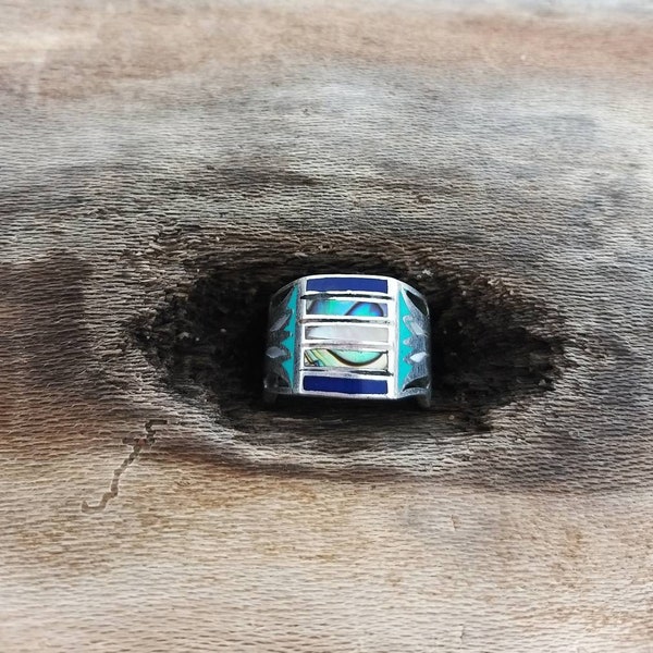BLUE LOTUS Egyptian silver ring, abalone shell inlay size 8, egyptian replica, goddess jewelry, handmade ring, enameled egyptian revivial