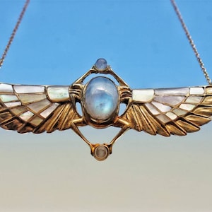 TUTANKHAMUN Revival necklace, white inlayed winged scarab, beatle jewelry, Egyptian Scarab, Kephri, moonstone, Egyptian jewelry, nacre inlay
