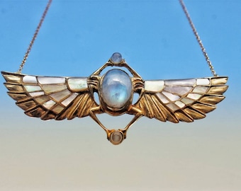 TUTANKHAMUN Revival necklace, white inlayed winged scarab, beatle jewelry, Egyptian Scarab, Kephri, moonstone, Egyptian jewelry, nacre inlay