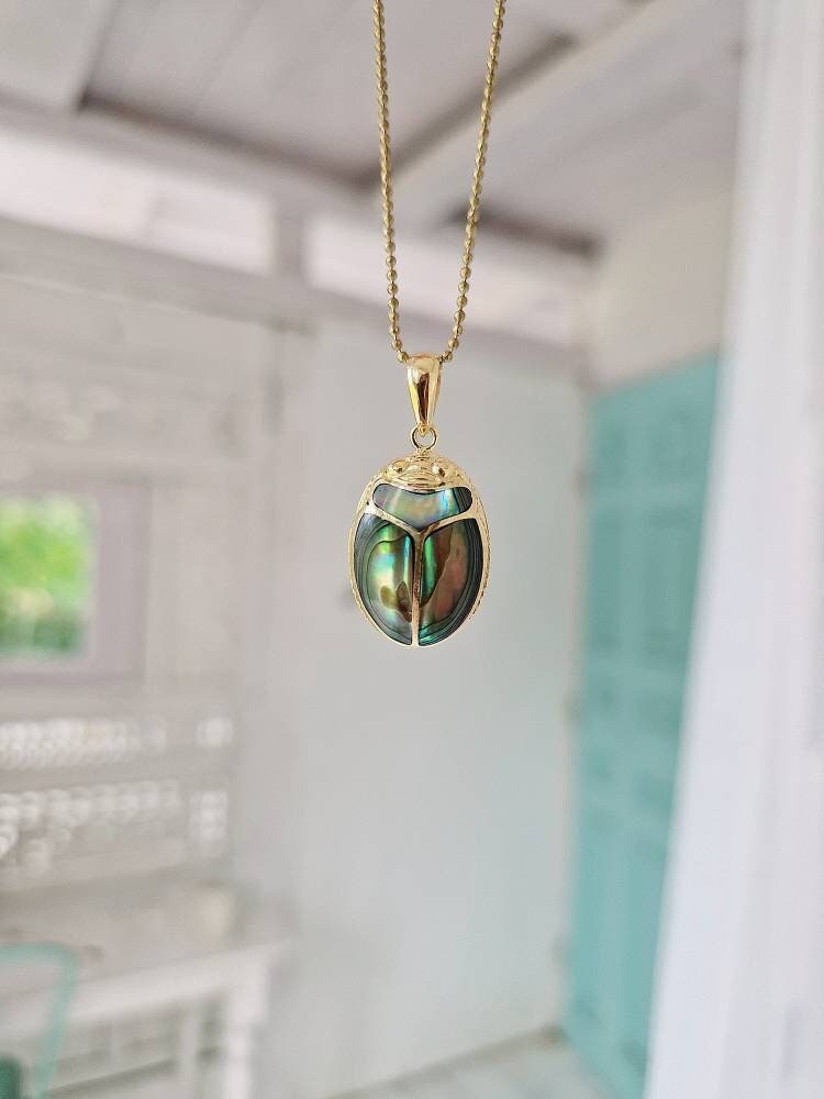 KHEPRI abalone scarab, inlayed shell pendant, carved scarab, beetle jewelry, Egyptian scarab jewelry, egyptian revival, small powa shell