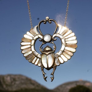 ASWAN white shell inlayed Egyptian scarab necklace, winged scarab, nacre, beatle jewelry, mother pearl, Egyptian jewelry, egyptian revival