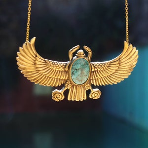 KHEPRI winged scarab necklace, turquoise egyptian revival, hand carved, Pharaoh jewelry, goddess jewelry, egyptian necklace, ritual, gift