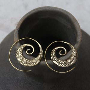 SPIRALING LEAF earrings, Spiral Earrings, brass spirals, leaf earrings, little faethers, indian jewelry, tribal earrings, boho style