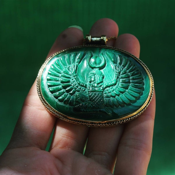 Malachite Isis pendant, malachite carved caboochon, Isis carving, stone carving jewelry, goddess jewelry, big green gemstone, gift women