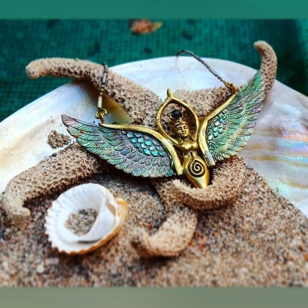 FERTILITY GODDESS necklace, carved abalone wings, shell wings, healing jewelry, goddess pendant, wings pendant, boho, fertility, Isis, gift