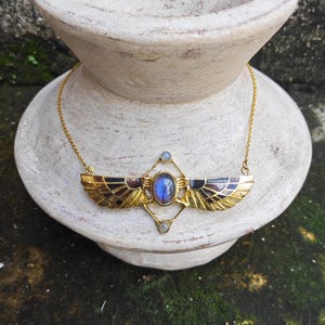 TUTANKHAMUN revival scarab black horn necklace, beatle jewelry, Egyptian Scarab, Kephri, labradorite, Egyptian revival inlay, ancient, gift
