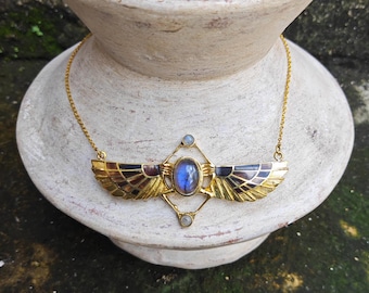 TUTANKHAMUN revival scarab black horn necklace, beatle jewelry, Egyptian Scarab, Kephri, labradorite, Egyptian revival inlay, ancient, gift