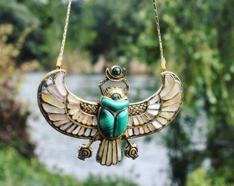 PECTORAL OF TUTANKHAMUN Malachite Egyptian Beetle Necklace, Winged
