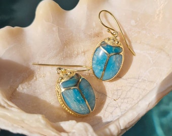 KHEPRI turquoise inlay earrings, 24k gold plated, carved scarab, beetle jewelry, Egyptian scarab jewelry, egyptian revival, gift, scarab