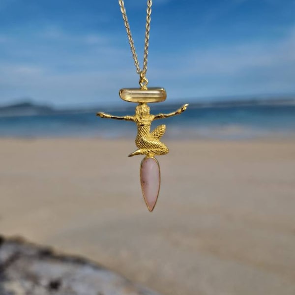 SIWA pink opal egyptian necklace, crystal point, Carved isis goddess necklace, handmade jewelry, protection necklace 24k gold plated