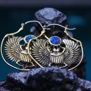 Scarab hoops, Egyptian scarab earrings, goddess jewelry, beatle earrings, abalone shell, hand carved earrings Brass winged scarab, gift her