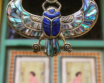 Collier égyptien Scarabée Ailé En Argent 925 – Turquoise Et Lapis Lazuli, Pendentif Bohème