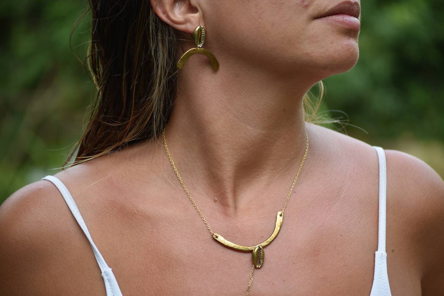 Parure Collier Torque Et Boucles D'Oreilles Coquillage Acier Vert