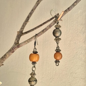Asymmetric Amber and Antique Silver Dangle Earrings, Tribal Boho Drop Earrings, Statement Geometric Statement Jewelry, Mixed Bead Gift