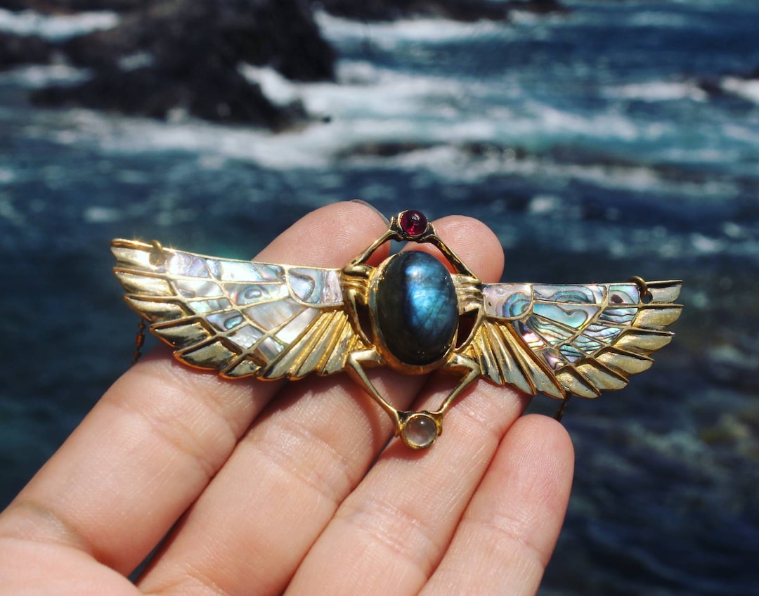 TUTANKHAMUN Revival Necklace Abalone Inlayed Winged Egyptian Scarab Beatle Jewelry Khepri Scarab Art Nouveau Jewelry Labradorite Gift Etsy