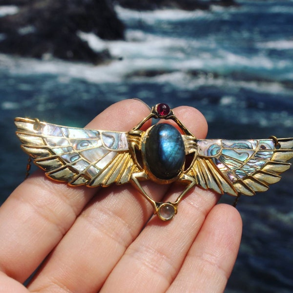 TUTANKHAMUN Revival necklace, abalone inlayed winged Egyptian scarab, beatle jewelry, Khepri Scarab, art nouveau jewelry, labradorite, gift