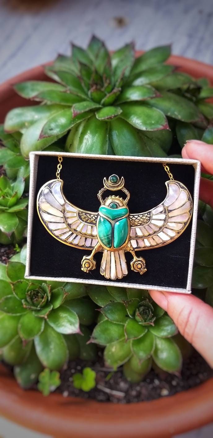 PECTORAL OF TUTANKHAMUN Malachite Egyptian Beetle Necklace, Winged