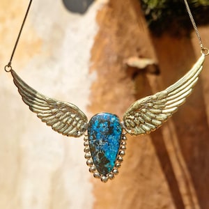 Winged  shattuckite goddess necklace, romantic jewelry, epic necklace, brass wings, oversized necklace, steampunk, angelic jewelry, mystic