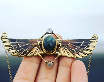 TUTANKHAMUN revival scarab black horn necklace, beatle jewelry, Egyptian Scarab, Kephri, labradorite, Egyptian revival inlay, ancient, gift