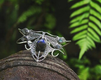 Dragonfly Bracelet - frozen fire upperarm bracelet - fairytale jewelry - labradorite gemstones - Sterling Silver bracelet - silver jewelry