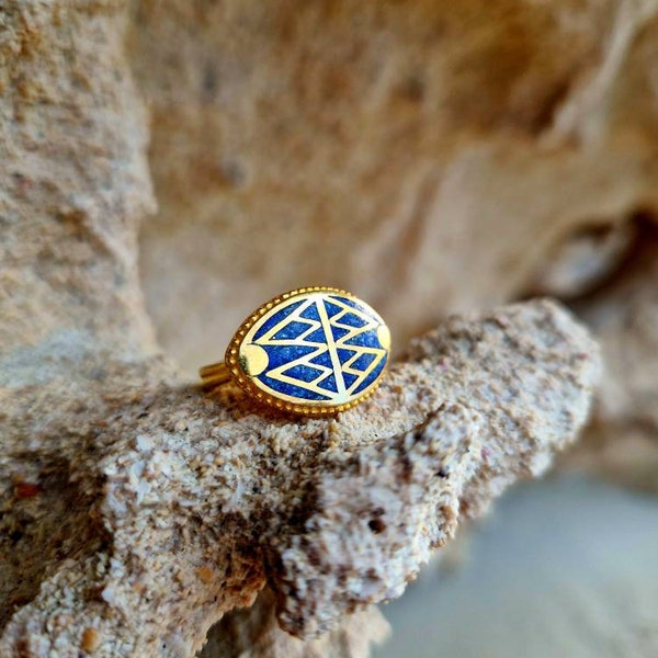 NILE LOTUS Egyptian ring, Lapislazuli inlay, egyptian jewelry, goddess jewelry, handmade ring, enameled egyptian, blue lily, art deco ring