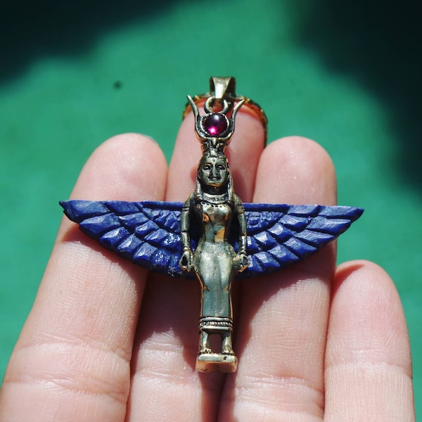 HATOR goddess pendant, lapislazuli carved wings, hand-carved gem, healing jewelry, egyptian goddess pendant, blue wings necklace, Isis, maat