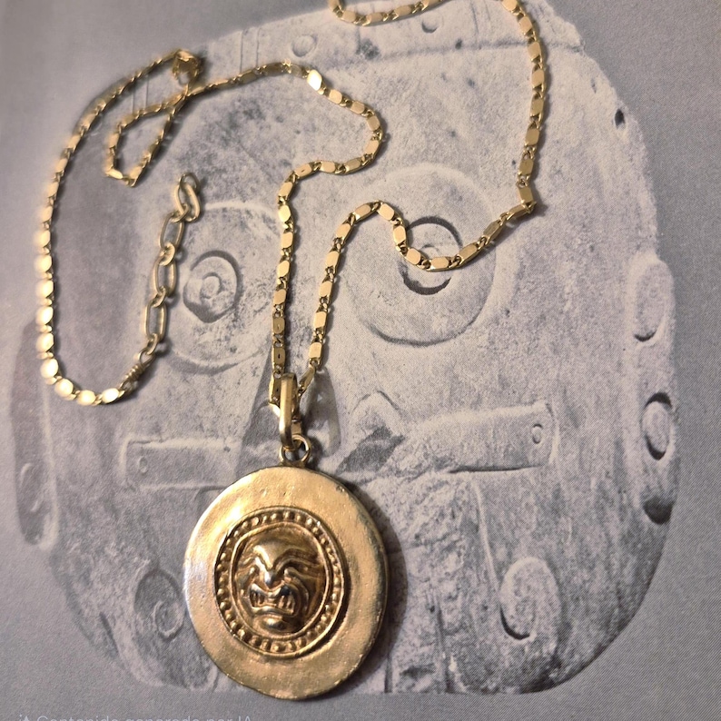 Pre-Columbian Style Gold Tone Medallion Necklace, Brutalist Sun God Mask Pendant, Tribal Warrior Jewelry, Ancient Civilization Replica