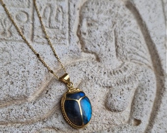 KHEPRI Labradorite inlay pendant, carved gem scarab, beetle jewelry, Egyptian scarab jewelry, egyptian revival, gemstone scarab, egypt