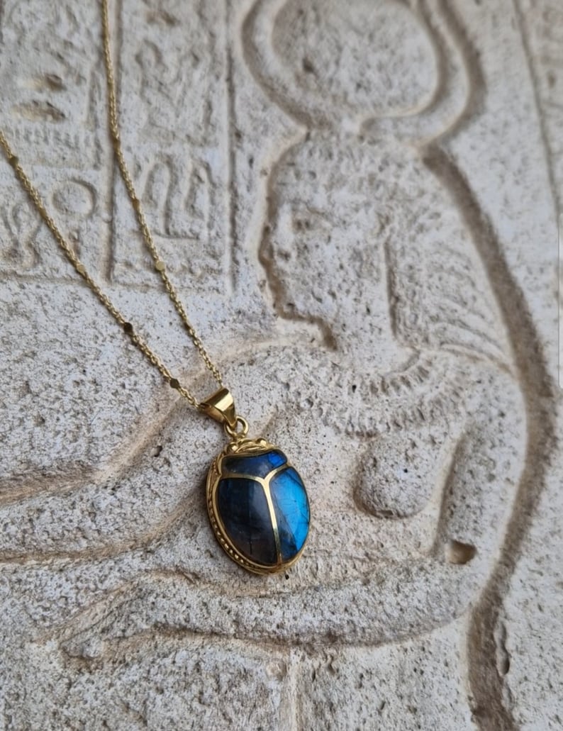 KHEPRI Labradorite inlay pendant, carved gem scarab, beetle jewelry, Egyptian scarab jewelry, egyptian revival, gemstone scarab, egypt
