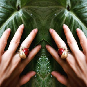 Red Jasper Ring. Size 16. Brass Golden Leaves. gemstones