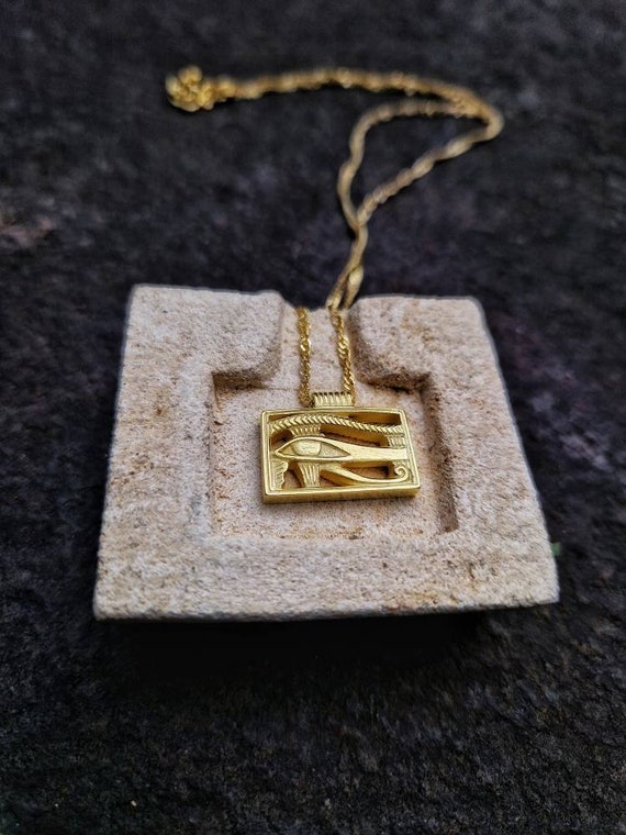 Eye of horus gold plated pendant, egyptian jewelry, lucky charm, Ra necklace, hand-carved, ancient jewelry gift women, handmade, boho