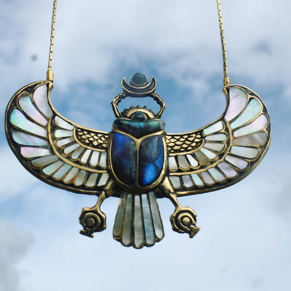 PECTORAL OF TUTANKHAMUN Labradorite Egyptian Beatle necklace, wingged scarab, beatle jewelry, nacre shell inlay, Egyptian jewelry, revival