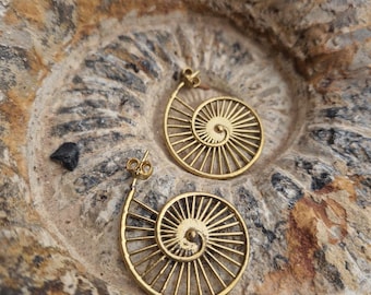 GODELN RATIO earrings, spiral earrings, fractal hoops, nautilus earrings, brass jewelry, fibronacci jewelry, ammonite hoops, festival style