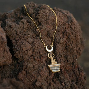 IAH Crystal moon necklace, Egyptian goddess maat pendant, quartz points, moon jewelry, layering necklace, labradorite, 24k gold plated,